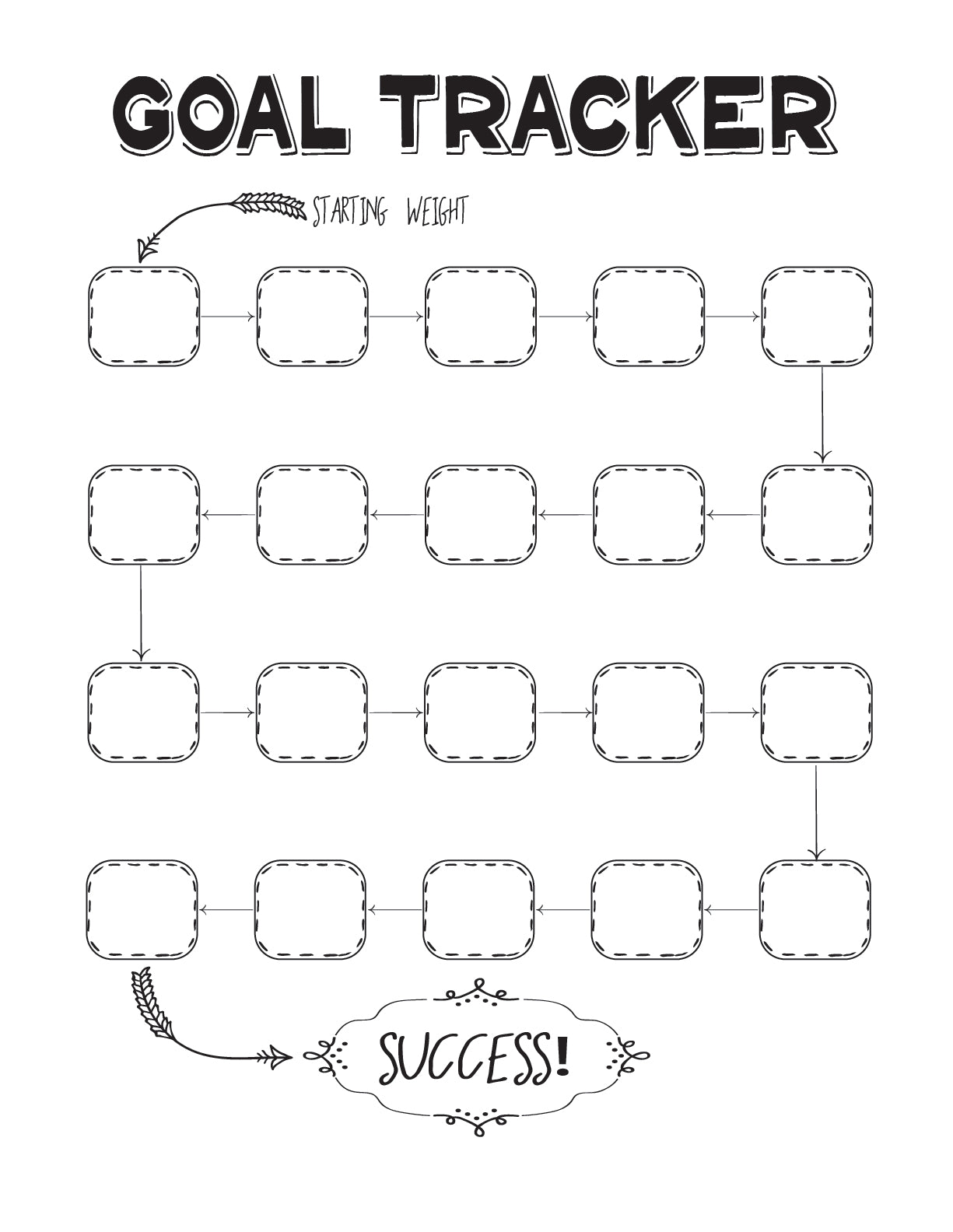 The Wondermom Shop Healthy Habits Journal features a black and white Goal Weight Tracker chart with a grid of blank boxes, labeled from "Starting Weight" to "Success!", ideal for tracking food, workouts, and progress.