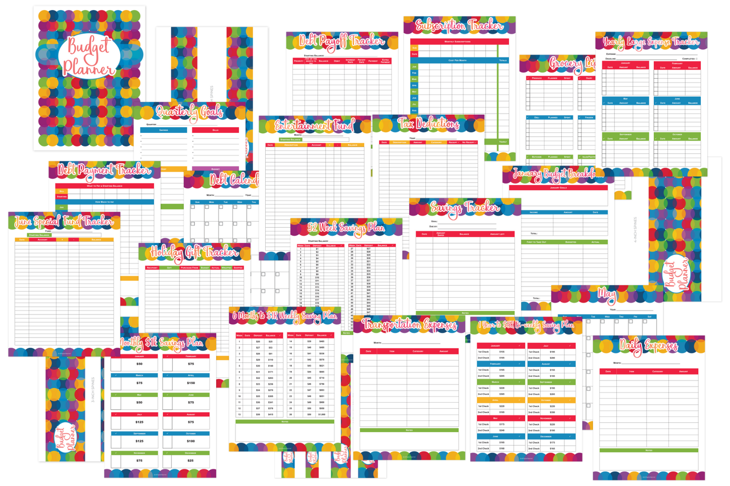 A colorful set of Wondermom Shop Budget Planners with colorful squares.