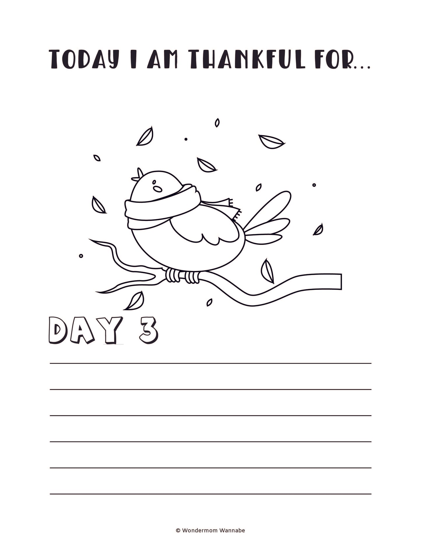 Introducing the "Gratitude Journal for Kids" by Wondermom Shop—a black and white coloring sheet featuring a bird on a branch, with "Today I Am Thankful For..." text at the top and "Day 3" followed by blank lines for writing. This is the perfect addition to any kids' gratitude journal or digital product collection.