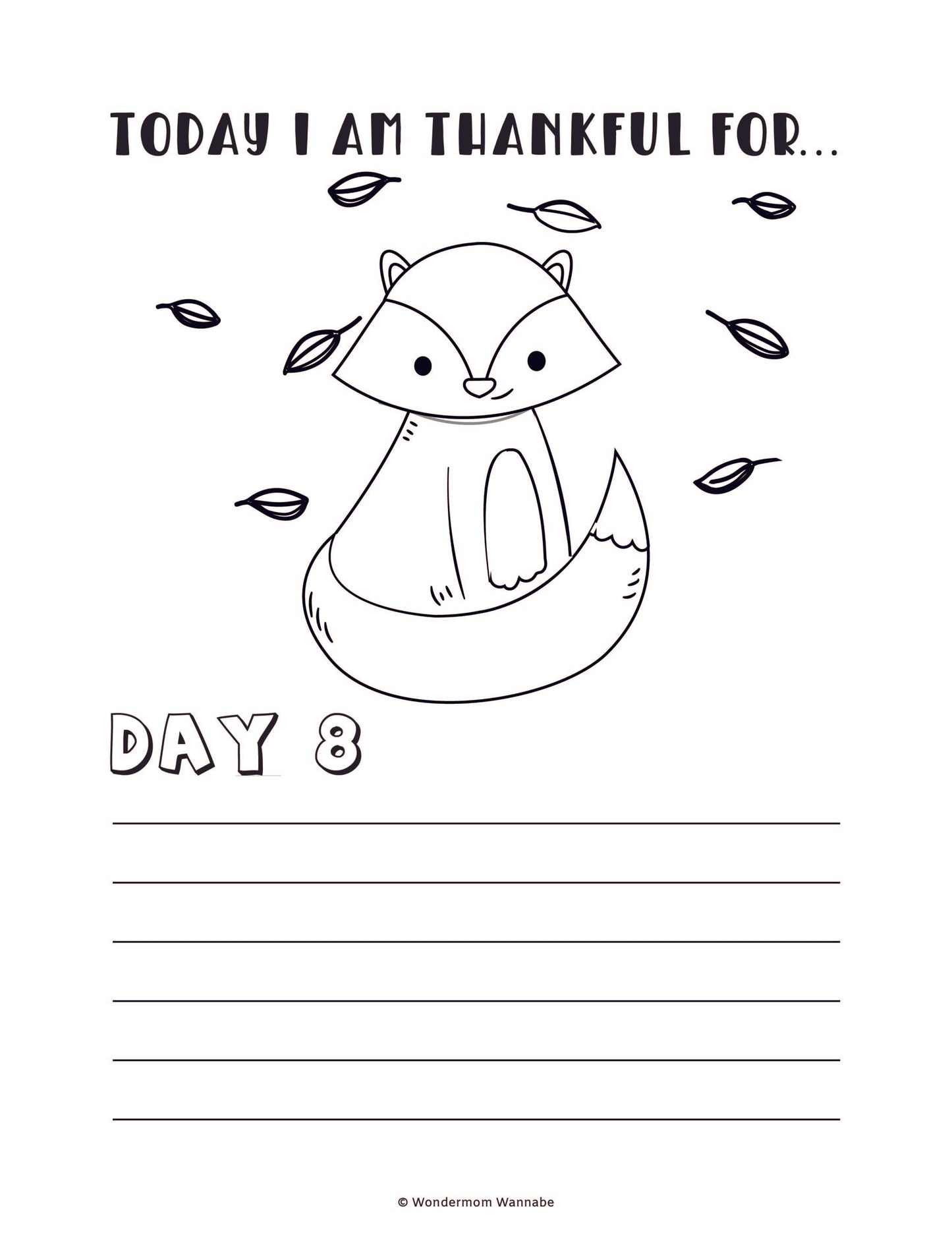 The "Gratitude Journal for Kids" by Wondermom Shop is a digital product designed for children, featuring a worksheet titled "Today I am thankful for..." with an enchanting drawing of a fox surrounded by falling leaves. Below, marked "Day 8," are lines where kids can write to nurture their gratitude journaling adventure.