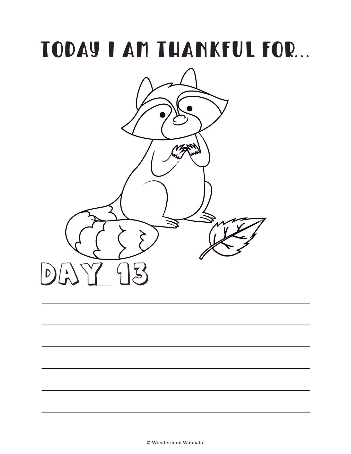 The "Gratitude Journal for Kids" from Wondermom Shop includes a delightful coloring page specifically created for children. It features an adorable raccoon holding its paws together, a fallen leaf, and the phrase "Today I Am Thankful For... Day 13," with blank lines below it for writing responses. This digital product is a perfect way to engage young minds in grateful reflection and makes an excellent addition to any gratitude journal.