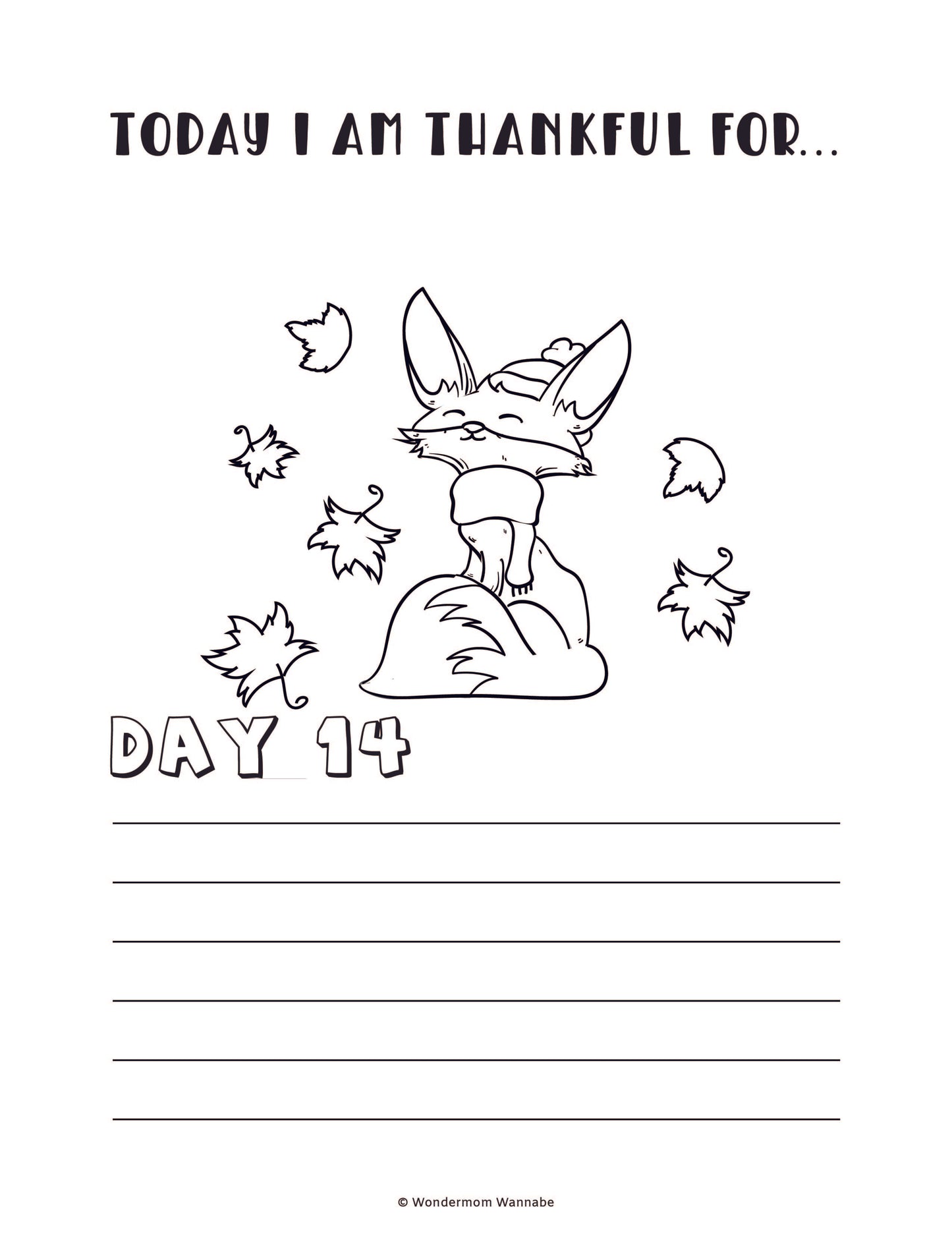 The "Gratitude Journal for Kids" by Wondermom Shop features a charming black and white illustration perfect for children. It showcases the prompt "Today I am thankful for... Day 14" above an adorable fox wearing a cap and scarf, surrounded by fall leaves. Blank lines below the illustration offer space for personal reflections, making it an ideal digital addition to any gratitude journal.