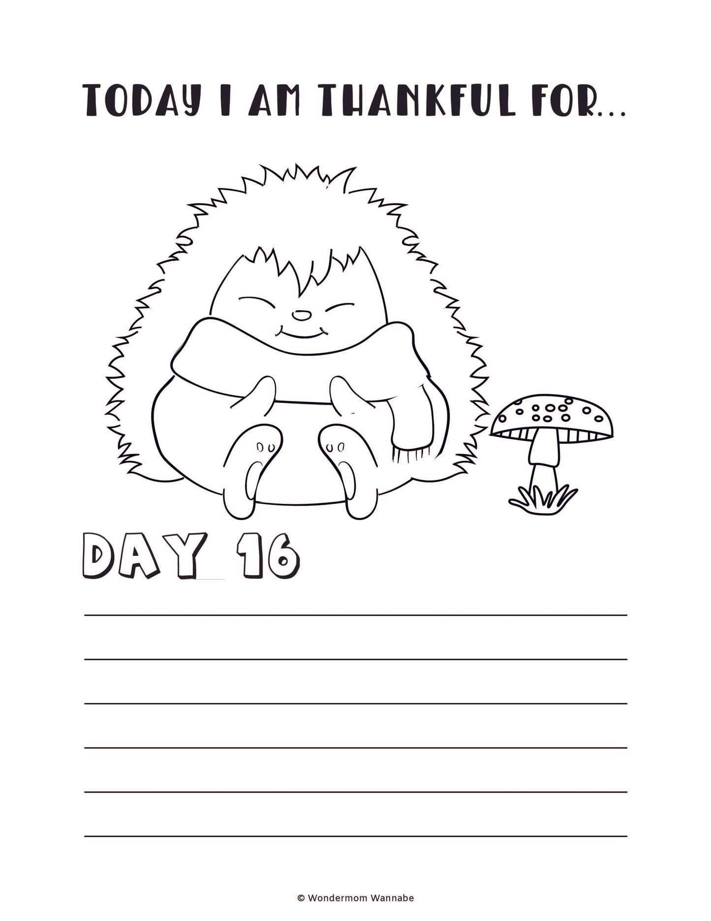 The "Gratitude Journal for Kids" by Wondermom Shop features a black-and-white illustration of a hedgehog in a scarf next to a mushroom, with the text "Today I am thankful for... Day 16" above and below it, as well as lines for writing. This digital product is perfect for encouraging kids to keep a gratitude journal!