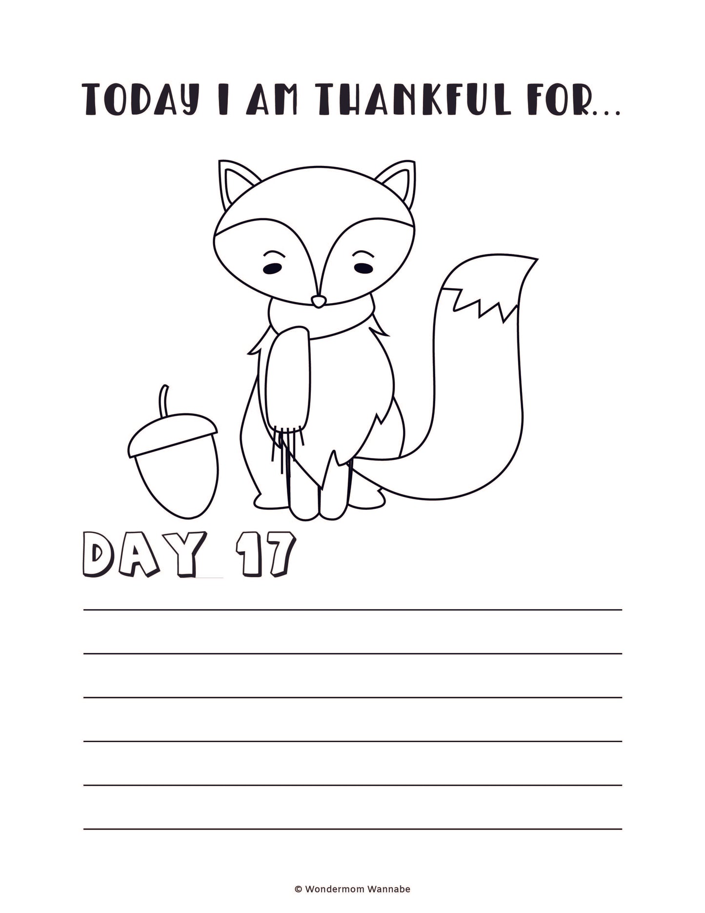 A digital coloring sheet from the Wondermom Shop's "Gratitude Journal for Kids," featuring a fox, an acorn, text saying "Today I am thankful for... Day 17," and blank lines where kids can write down their thoughts of gratitude.