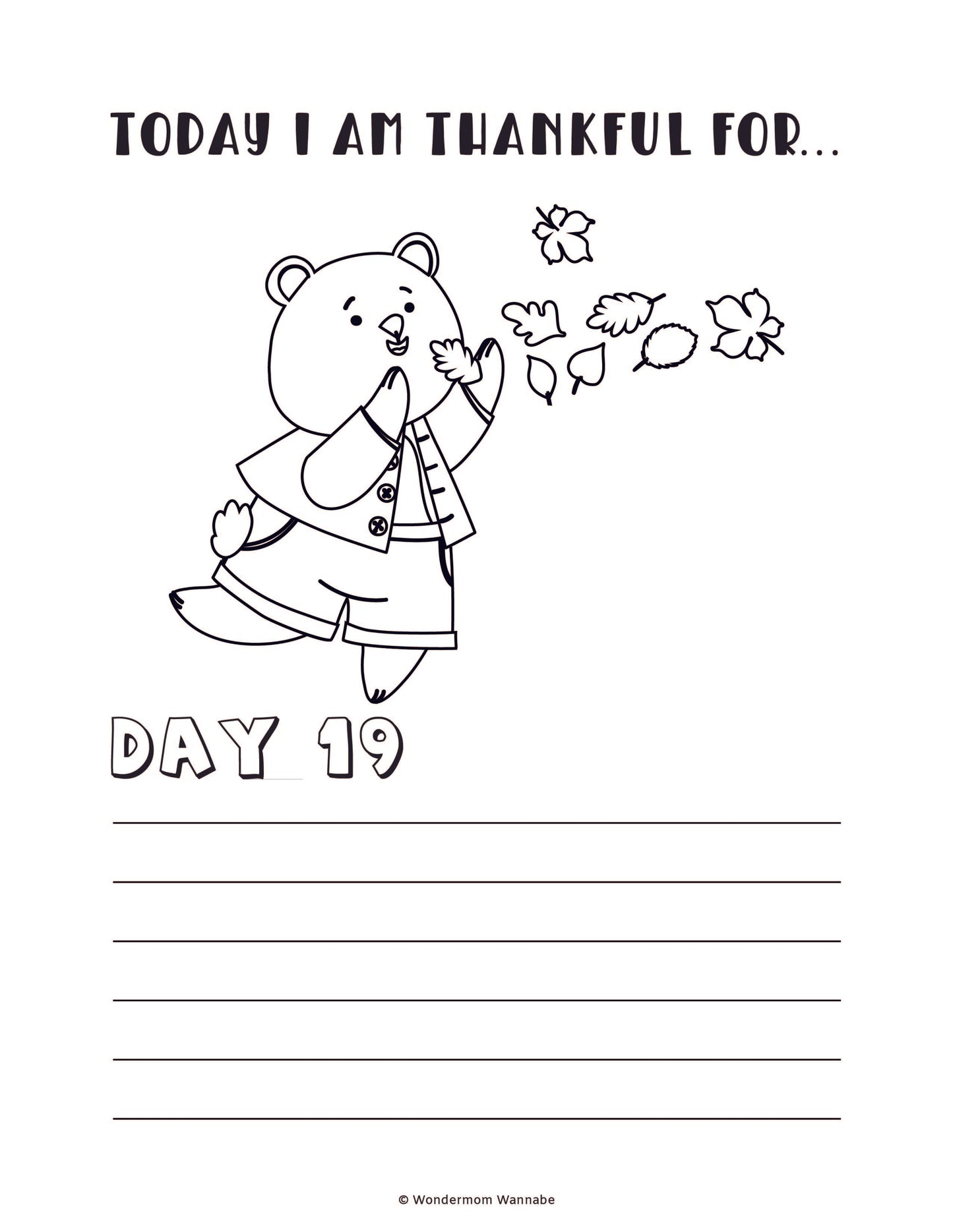 The "Gratitude Journal for Kids" by Wondermom Shop features a charming black and white coloring page of a bear blowing leaves, accompanied by the text "Today I am thankful for... Day 19" and lines for writing. This digital product is perfect for children and makes an excellent addition to any gratitude journal.