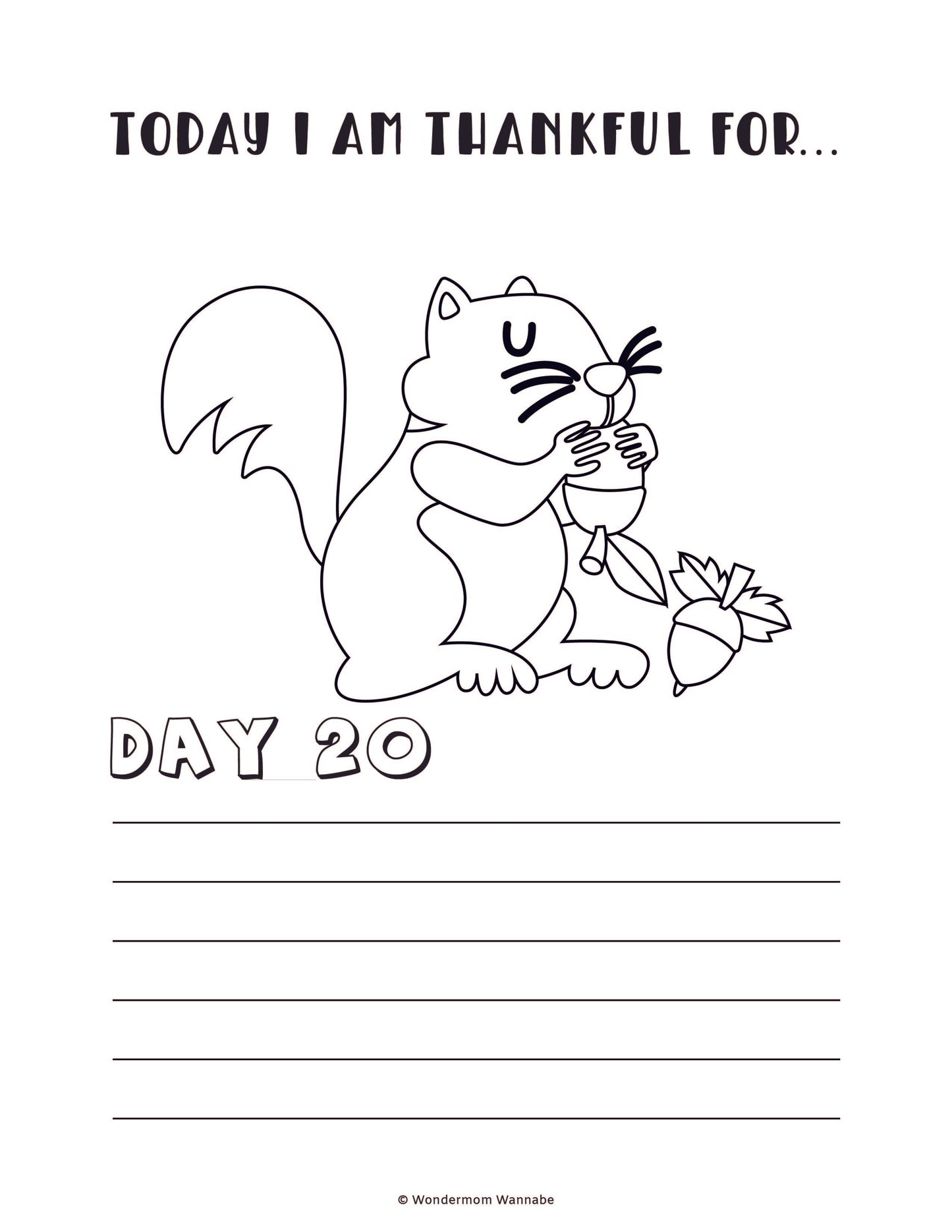 In the "Gratitude Journal for Kids" by Wondermom Shop, "Day 20" features a coloring page with a squirrel eating a nut, complete with lined space below for writing. The title reads "Today I am thankful for...". This charming addition to any child's gratitude journal is also available as a digital product.