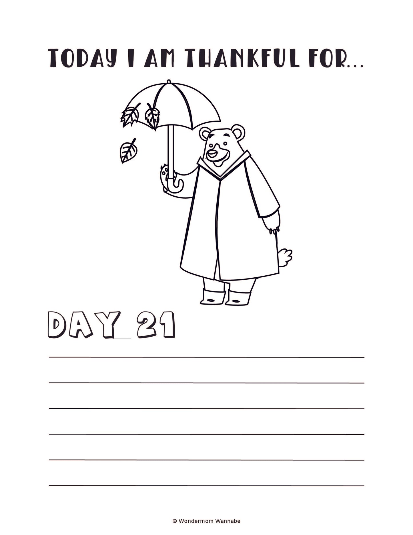 A bear wearing a raincoat and holding an umbrella is featured on Day 21 of the "Gratitude Journal for Kids" by Wondermom Shop, with space for writing below in this fun kids' digital product.