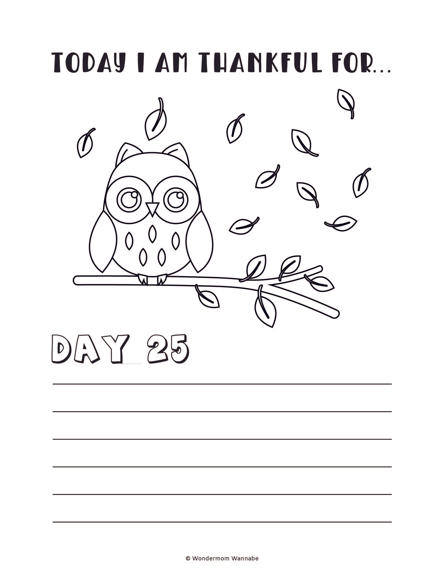 The "Gratitude Journal for Kids" from Wondermom Shop offers a digital coloring page featuring an owl on a branch with falling leaves. Titled "Today I am thankful for..." and marked as "Day 25," it includes lines for writing, making it an ideal addition to a gratitude journal.