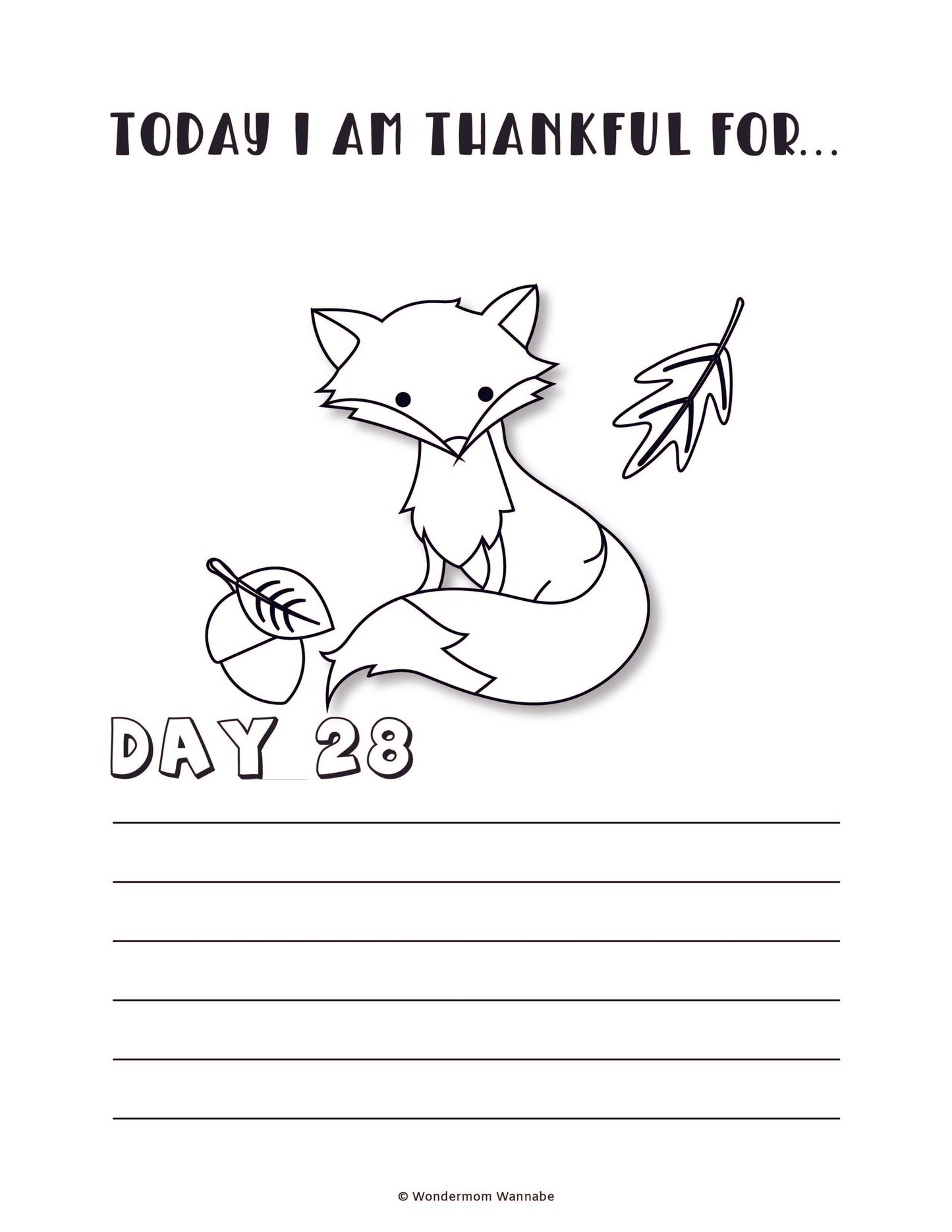 Introducing the "Gratitude Journal for Kids" by Wondermom Shop—a digital product that includes a coloring page featuring a charming drawing of a fox and leaves, along with the phrase "Today I am thankful for..." followed by "Day 28" and lined space for writing below. It's perfect for kids' gratitude journals.