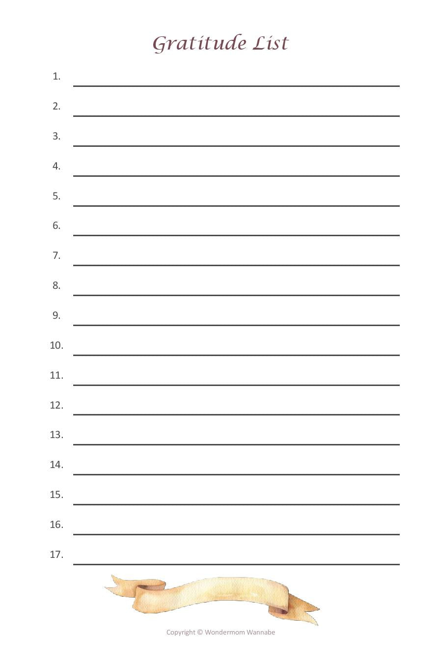 The "30 Days of Gratitude Bundle" from Wondermom Shop is a digital product that includes a gratitude list template with 17 numbered lines for writing and is adorned with a decorative scroll at the bottom.