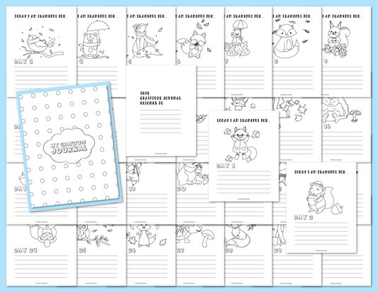 Introducing the **Gratitude Journal for Kids** by **Wondermom Shop**, a digital journal featuring black-and-white illustrations of various animals and activities, along with daily writing prompts to inspire gratitude in children, conveniently accessible anytime.