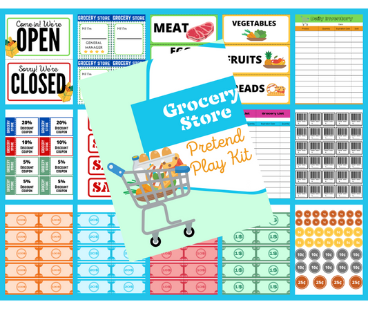 The Wondermom Shop's Grocery Store Pretend Play Kit is a digital product designed to enhance children's learning, featuring colorful labels, signs, coupons, price tags, and play money in diverse designs and shades.