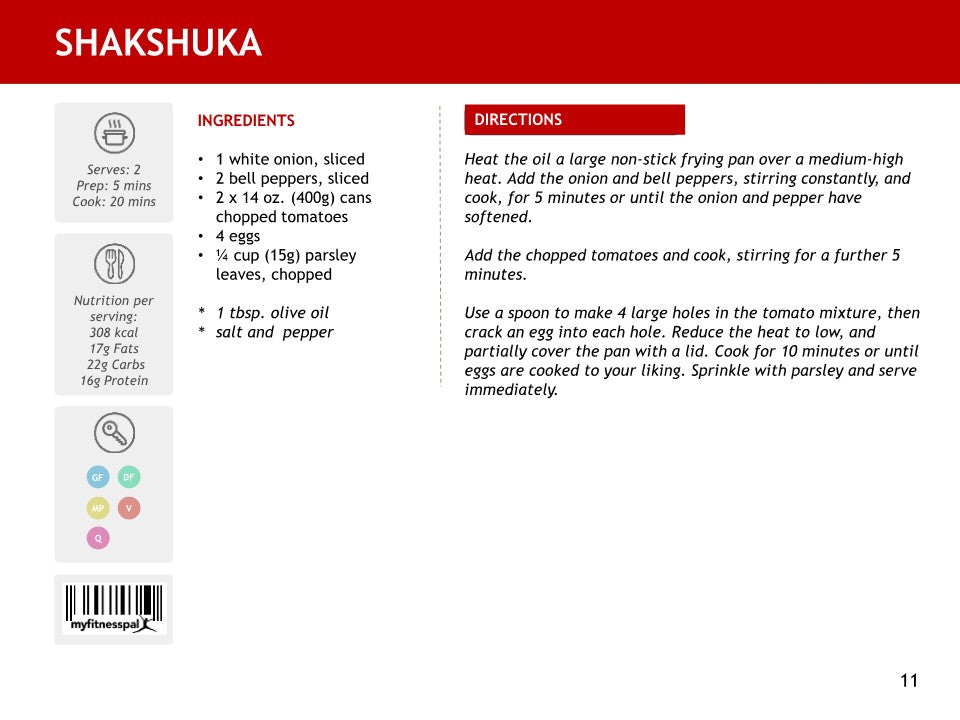 The 5-Ingredient Healthy Recipes Digital Cookbook by Wondermom Wannabe features a shakshuka recipe card with ingredients, nutrition info, and easy directions on a white background with a red header—ideal for healthy cooking fans.