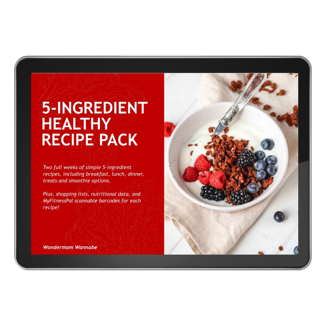 A tablet displays the Wondermom Wannabe 5-Ingredient Healthy Recipes Digital Cookbook, shown with yogurt, granola, and berries next to a bright red recipe details panel.