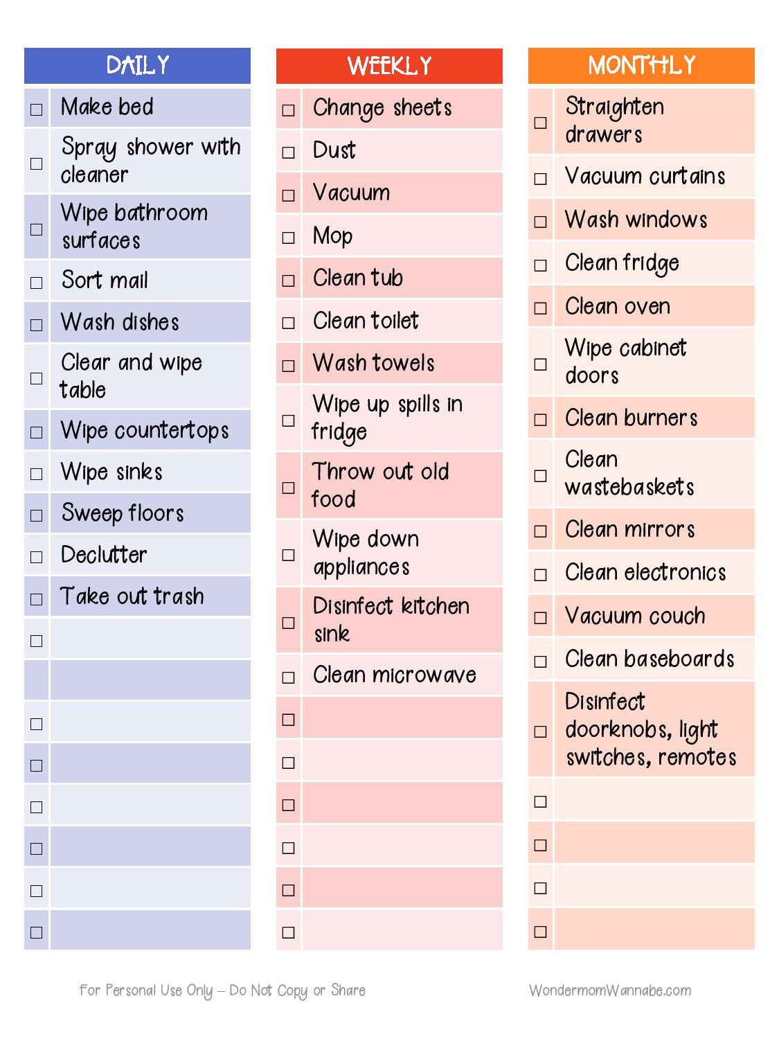 A weekly cleaning checklist incorporating Wondermom Shop's Home Cleaning Planner and a comprehensive list of items.