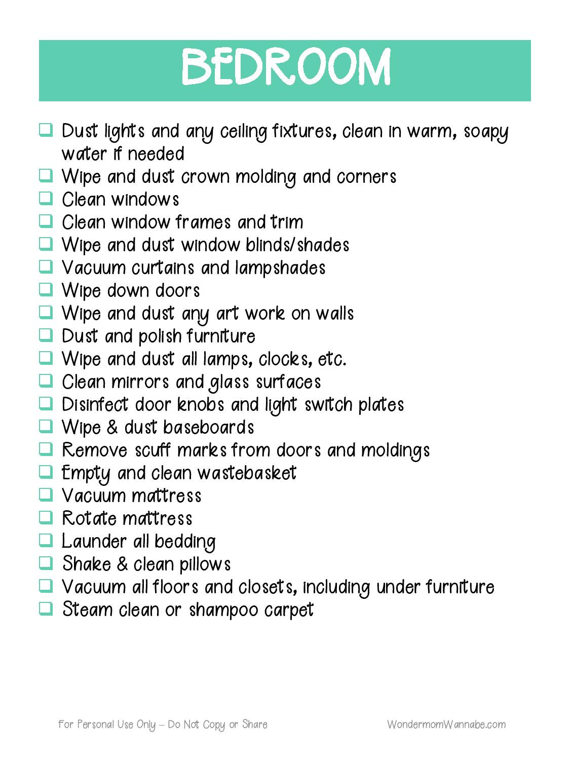 A printable list of deep cleaning tasks for a bedroom using the Home Cleaning Planner from Wondermom Shop.