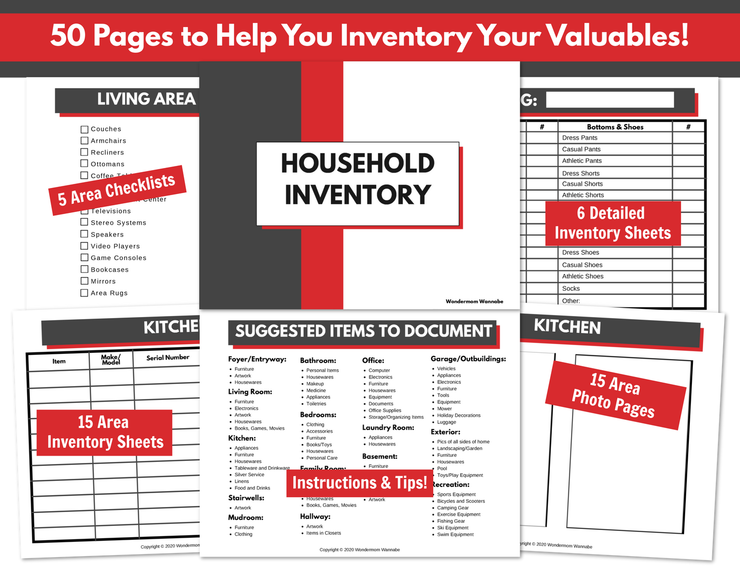 Image displaying the Household Inventory Workbook (Fillable PDF) by Wondermom Shop, featuring sections for Living Area, Kitchen, and detailed inventory sheets. The cover reads "Household Inventory" with instructions and tips inset. This fillable PDF workbook helps you organize your home possessions efficiently.