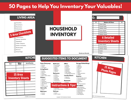 A printable workbook consisting of 50 inventory sheets to assist you in effectively organizing your Wondermom Shop household inventory.