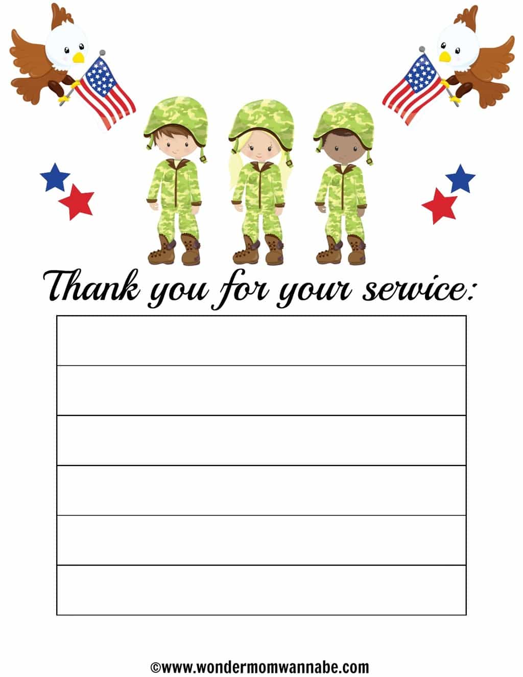 The "Thank You For Your Service Printable" by VIP Vault features three cartoon soldiers, two eagles with American flags, and stars. This digital design captures the essence of patriotism beautifully.