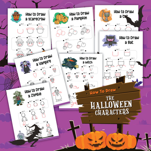 A digital product, How to Draw Halloween Characters by Wondermom Shop, containing Halloween coloring pages for kids featuring various Halloween characters.