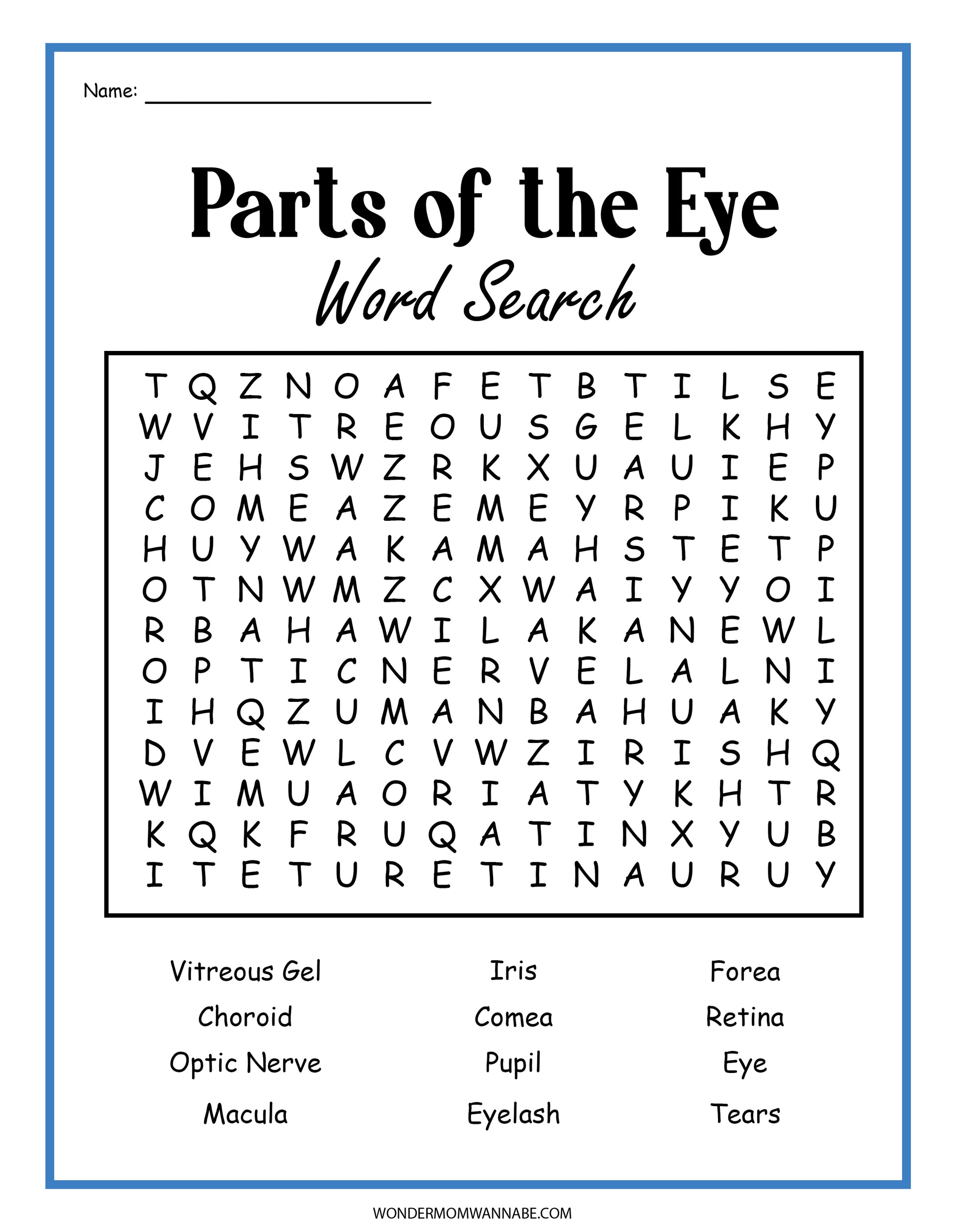 Enjoy the Human Eye Activity Set from Wondermom Shop, featuring a captivating word search puzzle titled "Parts of the Eye." Ideal for educational activities, this engaging digital product invites you to find key terms such as Vitreous Gel, Choroid, Optic Nerve, Macula, Iris, Cornea, Pupil, Eyelash, Fovea, Retina, Eye, and Tears. A fun way to learn and explore!
