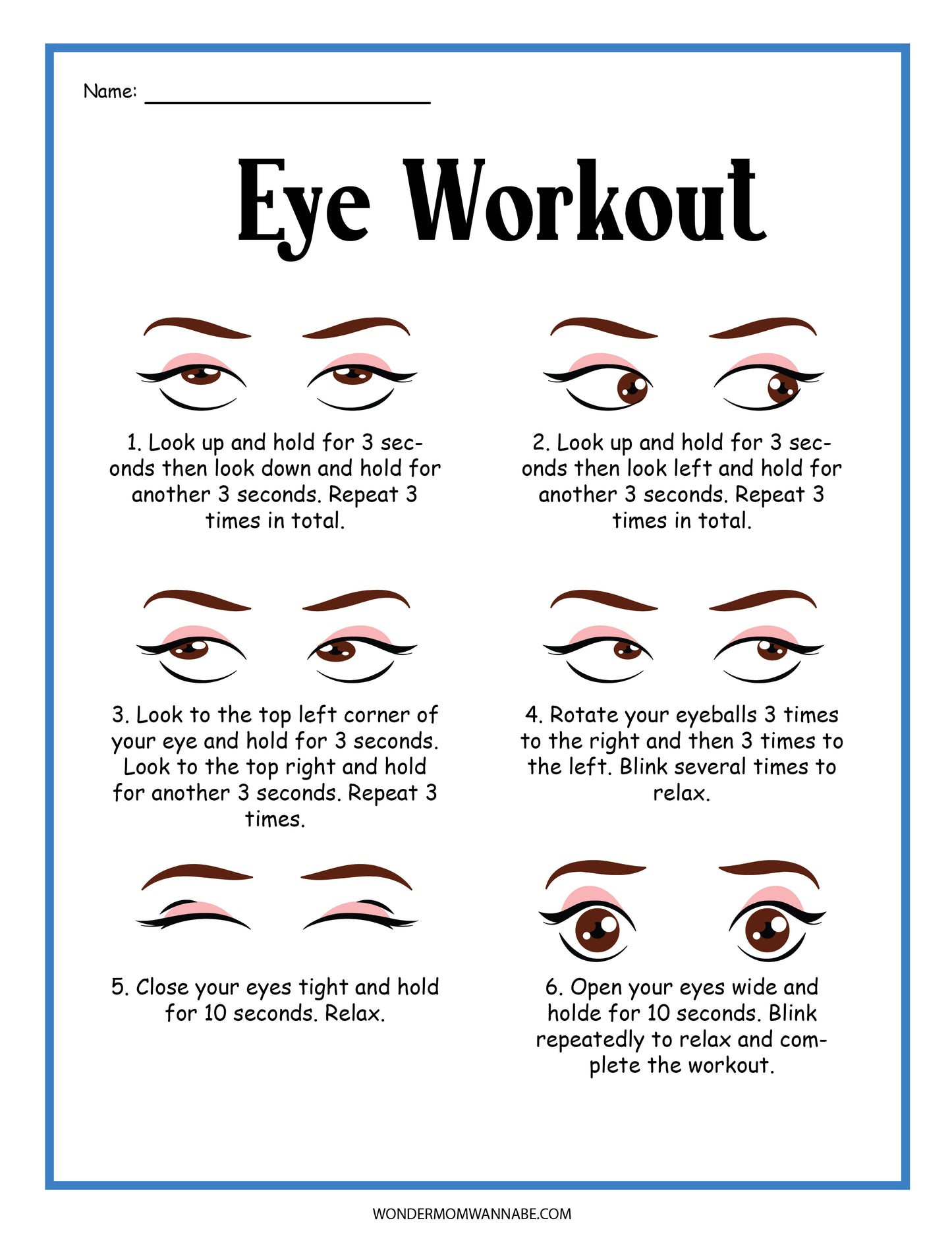 Discover the **Human Eye Activity Set** by **Wondermom Shop**, an illustrated guide featuring six "Eye Workout" exercises. This set includes detailed instructions on eye movements and blinking, aimed at exercising and relaxing your eyes. Perfect for anyone seeking engaging educational activities!