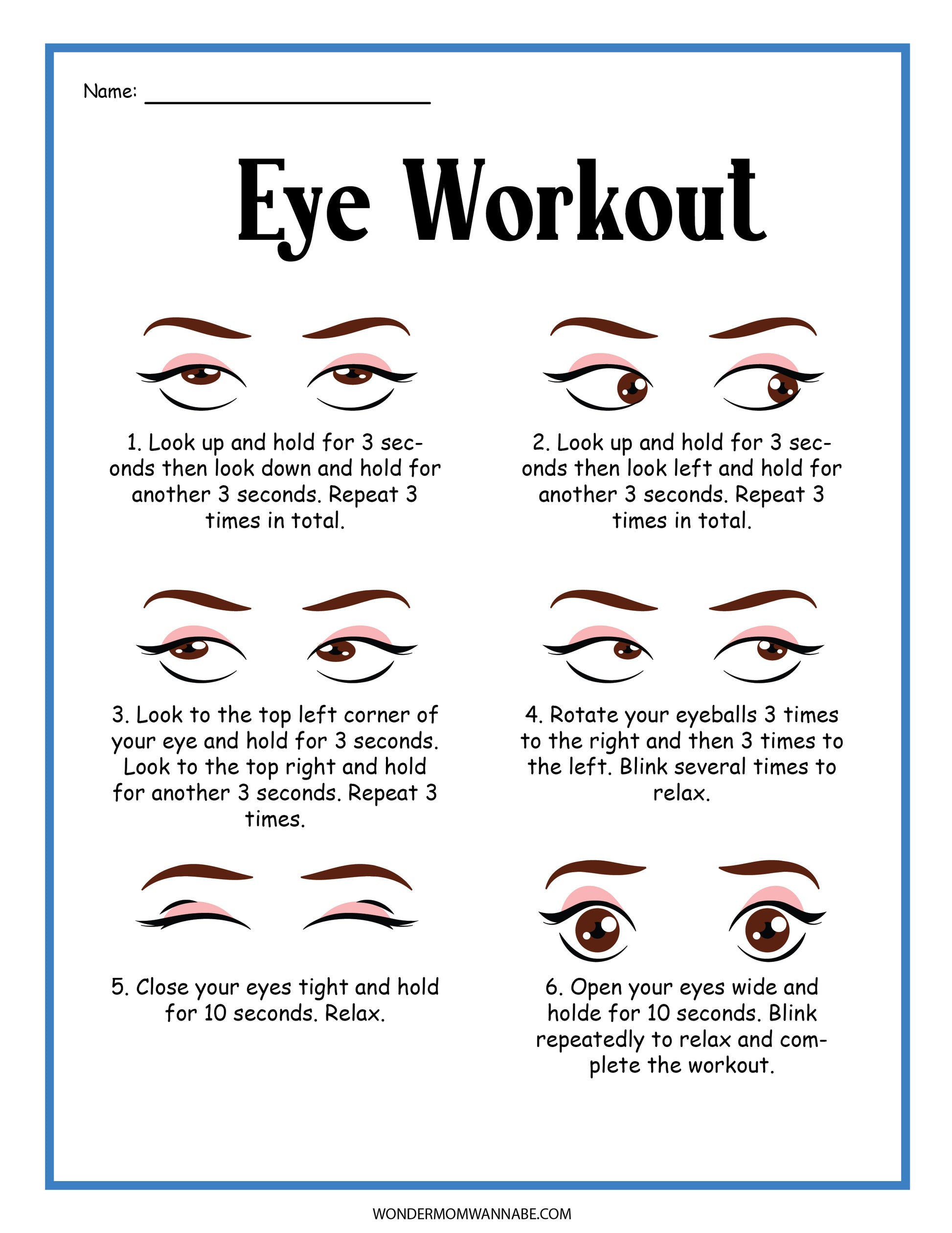 Discover the **Human Eye Activity Set** by **Wondermom Shop**, an illustrated guide featuring six "Eye Workout" exercises. This set includes detailed instructions on eye movements and blinking, aimed at exercising and relaxing your eyes. Perfect for anyone seeking engaging educational activities!