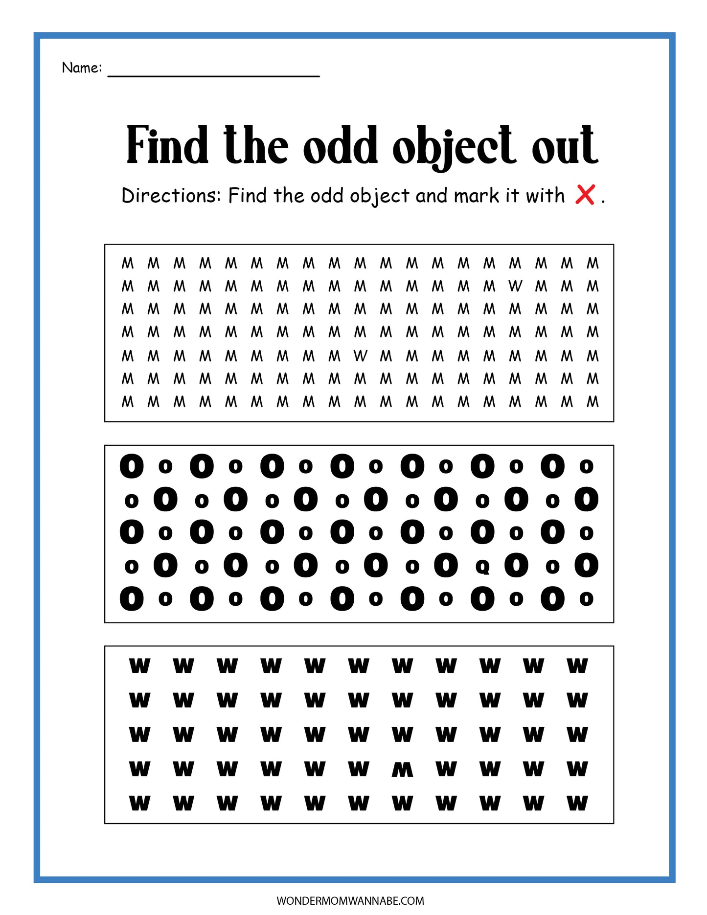 Introducing the Human Eye Activity Set from Wondermom Shop: This worksheet, titled "Find the Odd Object Out," features three sections with rows of repeating objects. These include M's with one W, O's with one Q, and W's with one M. The aim is to mark the odd object with an X, making it a perfect digital product for engaging in human eye activity.