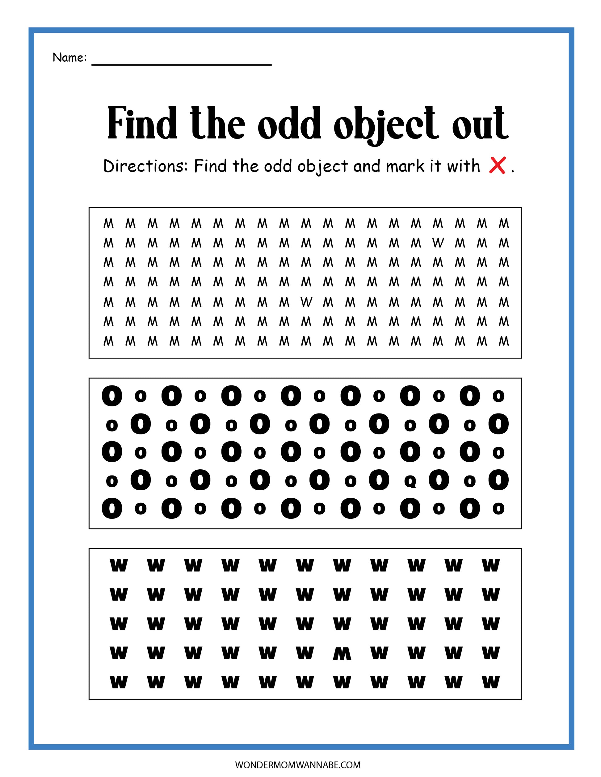 Introducing the Human Eye Activity Set from Wondermom Shop: This worksheet, titled "Find the Odd Object Out," features three sections with rows of repeating objects. These include M's with one W, O's with one Q, and W's with one M. The aim is to mark the odd object with an X, making it a perfect digital product for engaging in human eye activity.