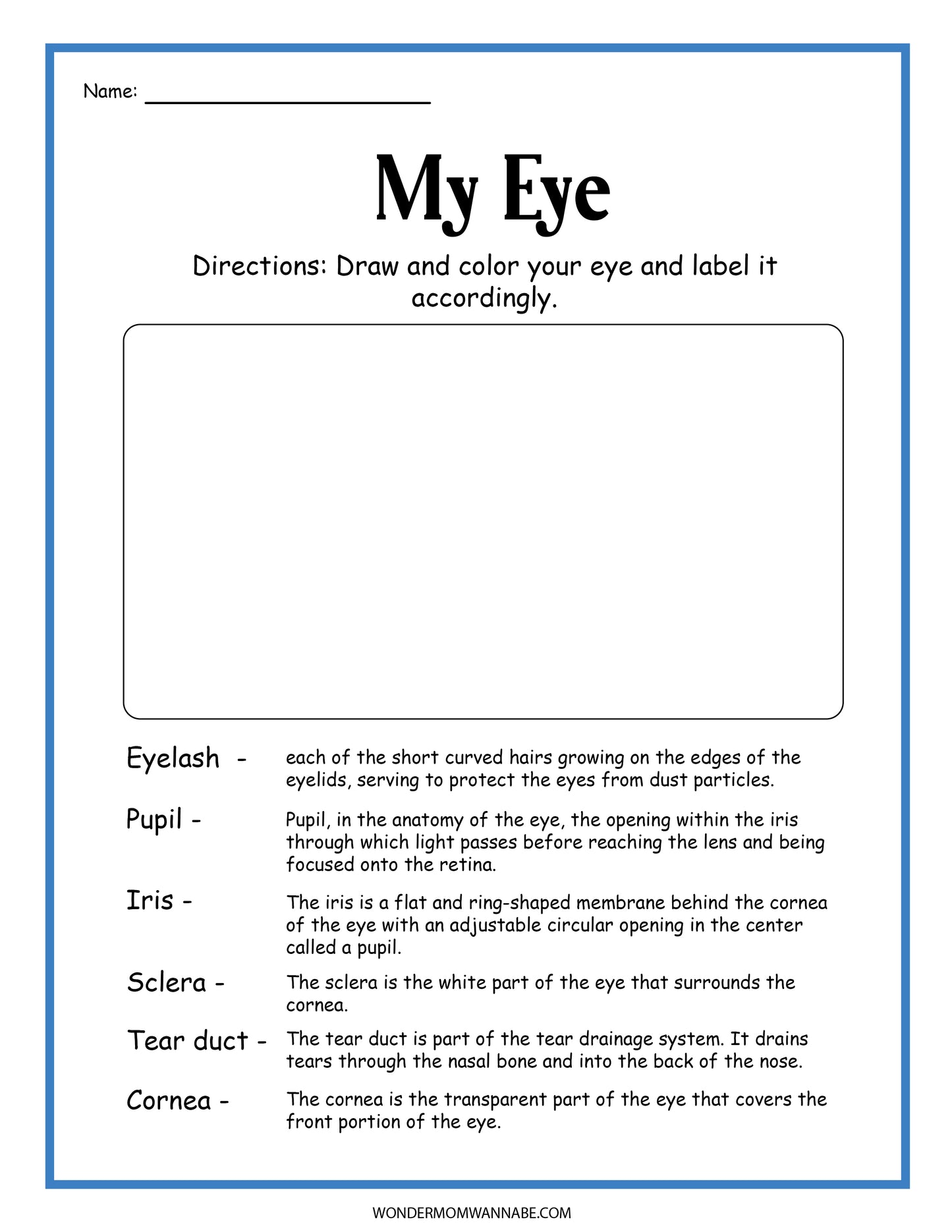 The "Human Eye Activity Set" by Wondermom Shop offers a fun and engaging activity where you can draw and color your eye, labeling it with terms like Eyelash, Pupil, Iris, Sclera, Tear duct, and Cornea. Perfect for educational activities!