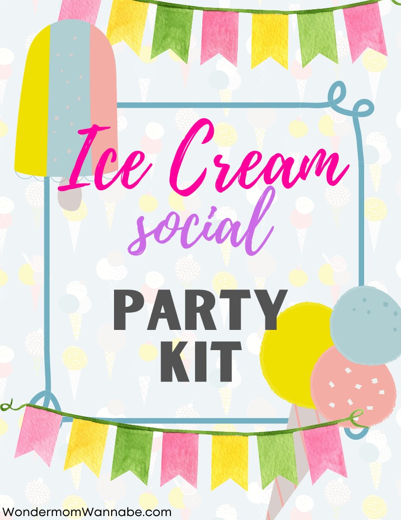 Bright and cheerful digital flyer for the Ice Cream Social Party Kit by Wondermom Shop, showcasing lively ice cream graphics, vibrant balloons, and festive bunting, with WondermomWannabe.com displayed at the bottom.