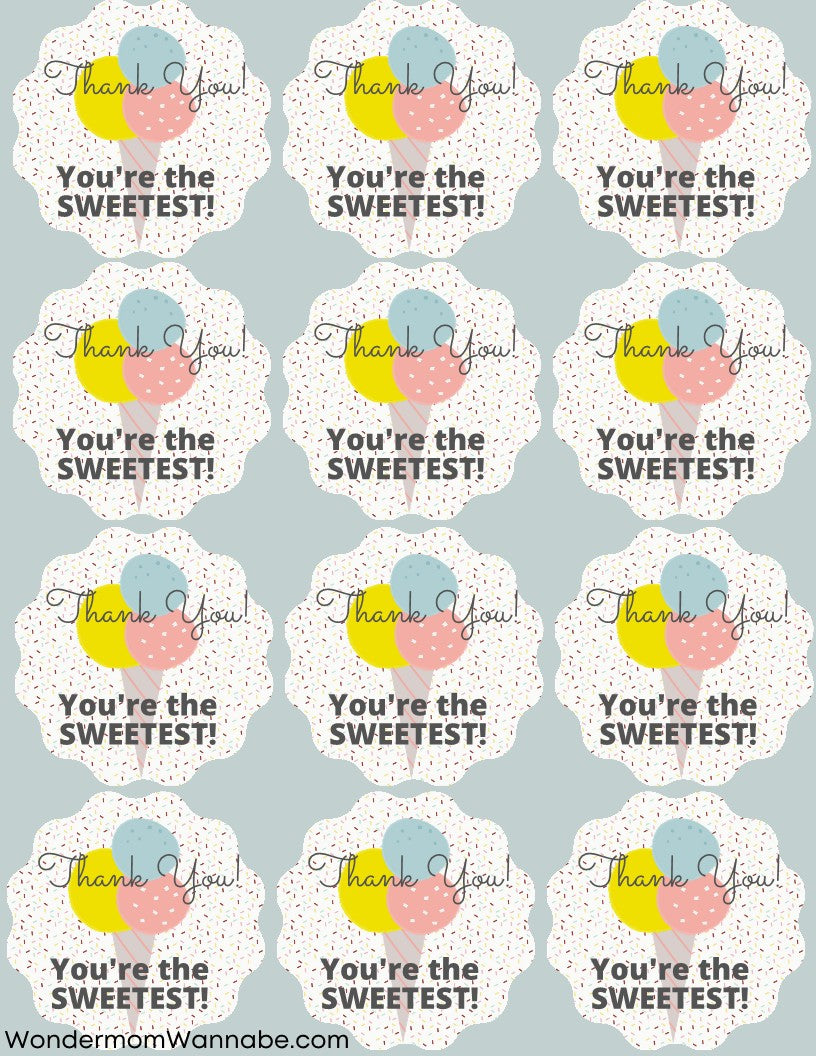 A grid of twelve stickers featuring the text "Thank You! You're the SWEETEST!" with a colorful heart design above and a confetti background, perfect for adding a touch of gratitude to any Wondermom Shop's Ice Cream Social Party Kit.