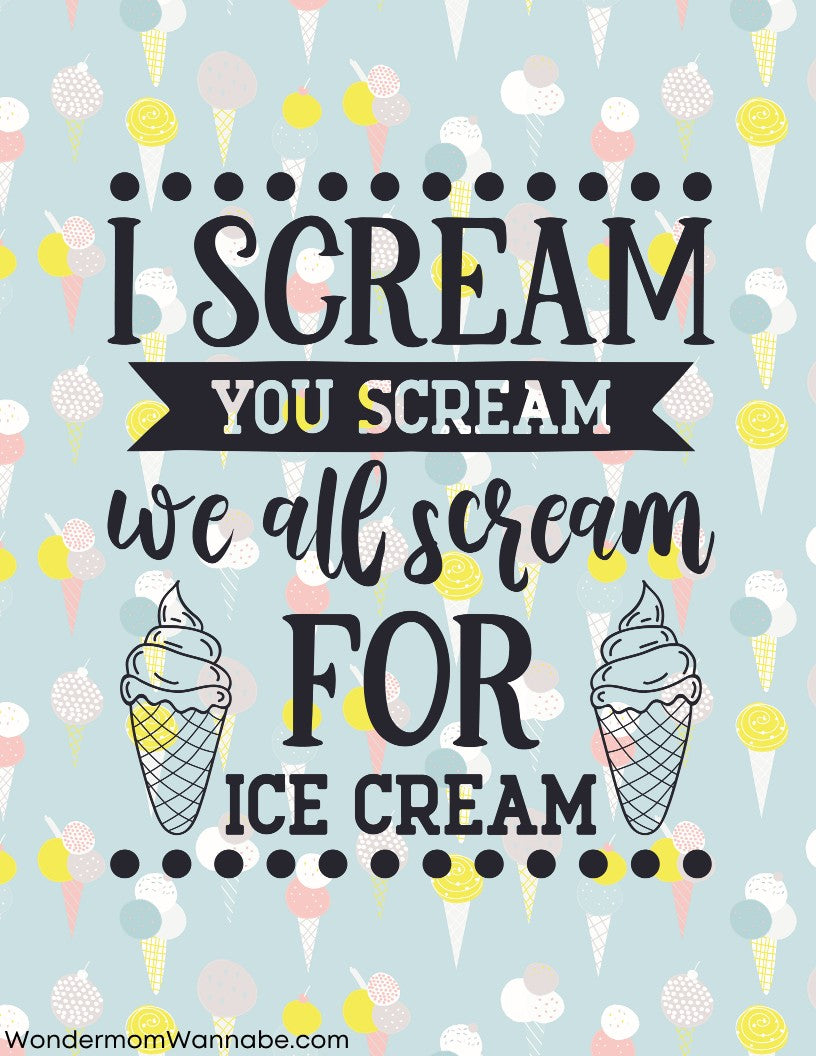Whimsical ice cream cone illustrations and decorative text that reads "I Scream, You Scream, We All Scream for Ice Cream" make the Ice Cream Social Party Kit by Wondermom Shop perfect for your event.