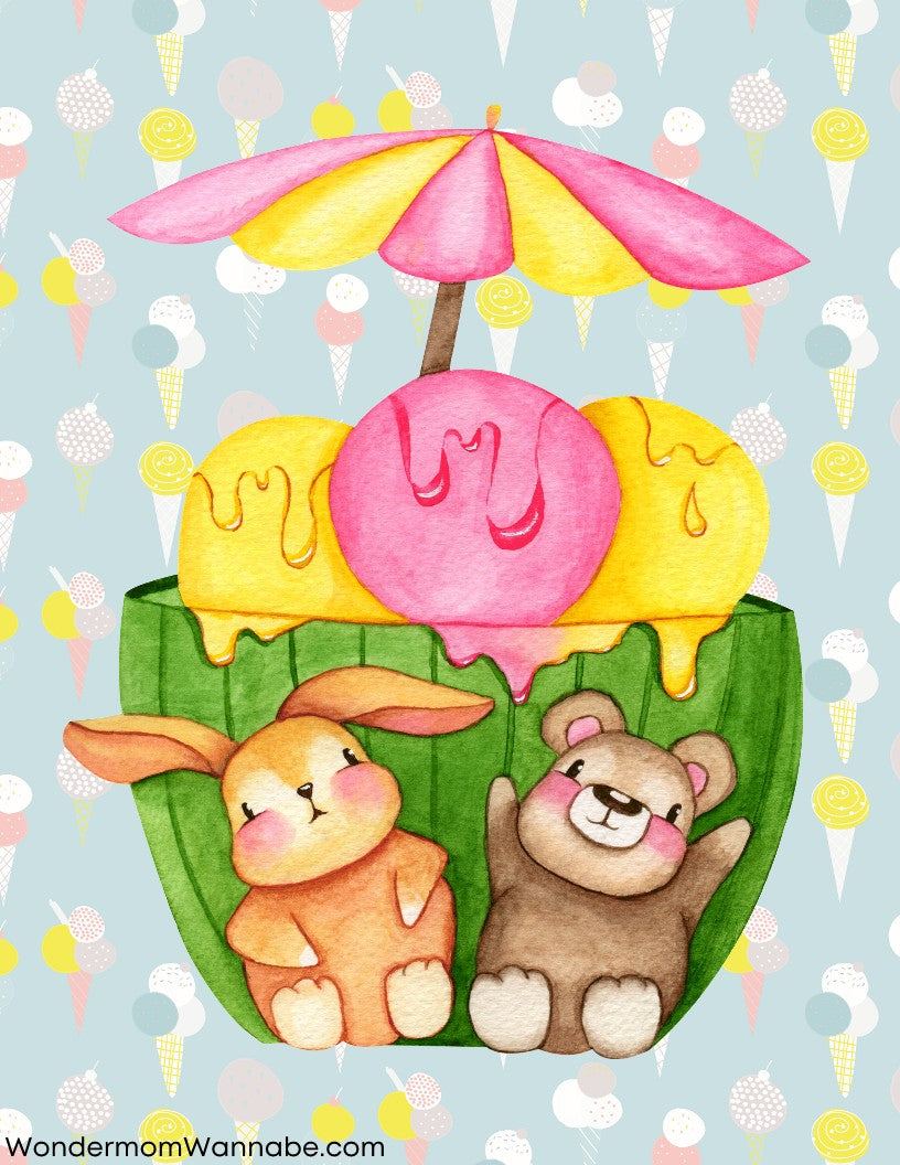 Illustration of a stuffed bunny and bear in front of a bowl with three scoops of ice cream and a colorful umbrella, perfect for an Ice Cream Social. The background features a pattern of ice cream cones, making the Ice Cream Social Party Kit by Wondermom Shop an ideal digital product for party kits.