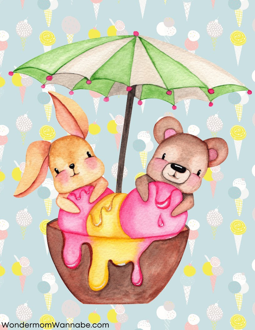 Illustration of a rabbit and a bear sitting in a chocolate ice cream cone with pink and yellow melting ice cream, under a green and white umbrella. Perfect for the Ice Cream Social Party Kit from Wondermom Shop, the background boasts a delightful pastel ice cream cone pattern.