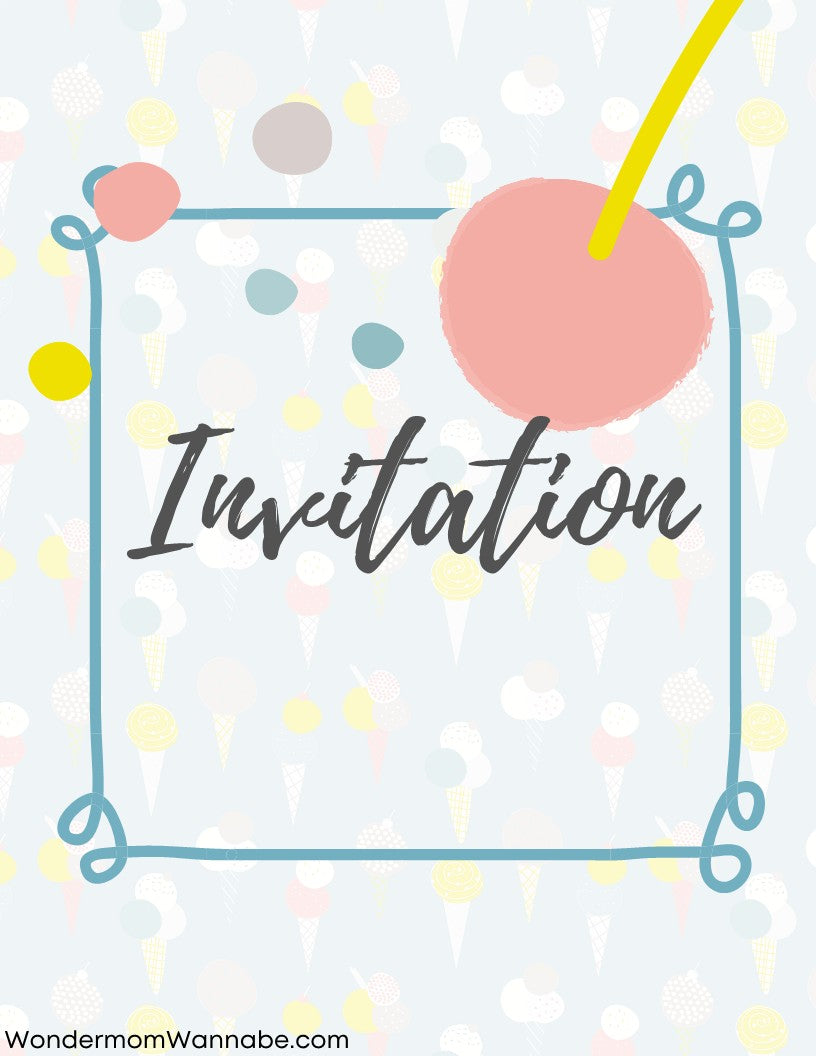 The Wondermom Shop Ice Cream Social Party Kit features a light-colored invitation card adorned with the word "Invitation" in the center, framed by a blue border with abstract shapes and polka dots, making it perfect for an Ice Cream Social.