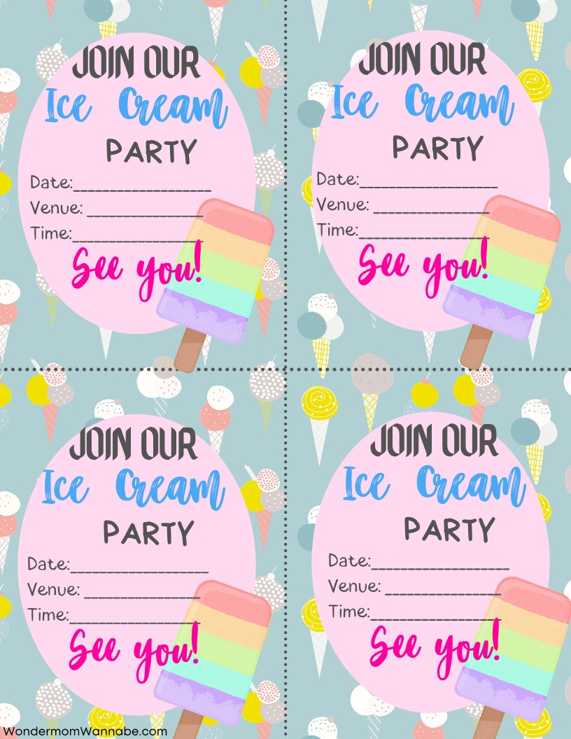 The Ice Cream Social Party Kit from Wondermom Shop includes four vibrant digital invitations, each featuring fields for the date, venue, and time. These colorful invites showcase an enticing ice cream image with the text "Join our Ice Cream Social" at the top and "See you!" at the bottom, making them perfect for your next celebration.