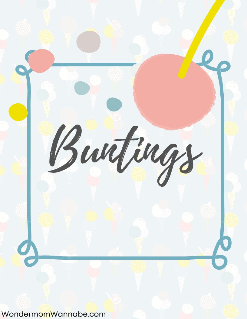 Image featuring the word "Buntings" in the center, encircled by pastel-colored circles and lines, set against a backdrop pattern of ice cream cones. The bottom text reads "WondermomWannabe.com". This digital product, the Ice Cream Social Party Kit from Wondermom Shop, is perfect for your next Ice Cream Social or party event.