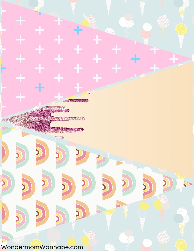 A hand reaches out against a vibrant backdrop adorned with colorful geometric and patterned designs, such as plus signs, rainbow shapes, and ice cream cones—ideal for the Wondermom Shop's Ice Cream Social Party Kit.