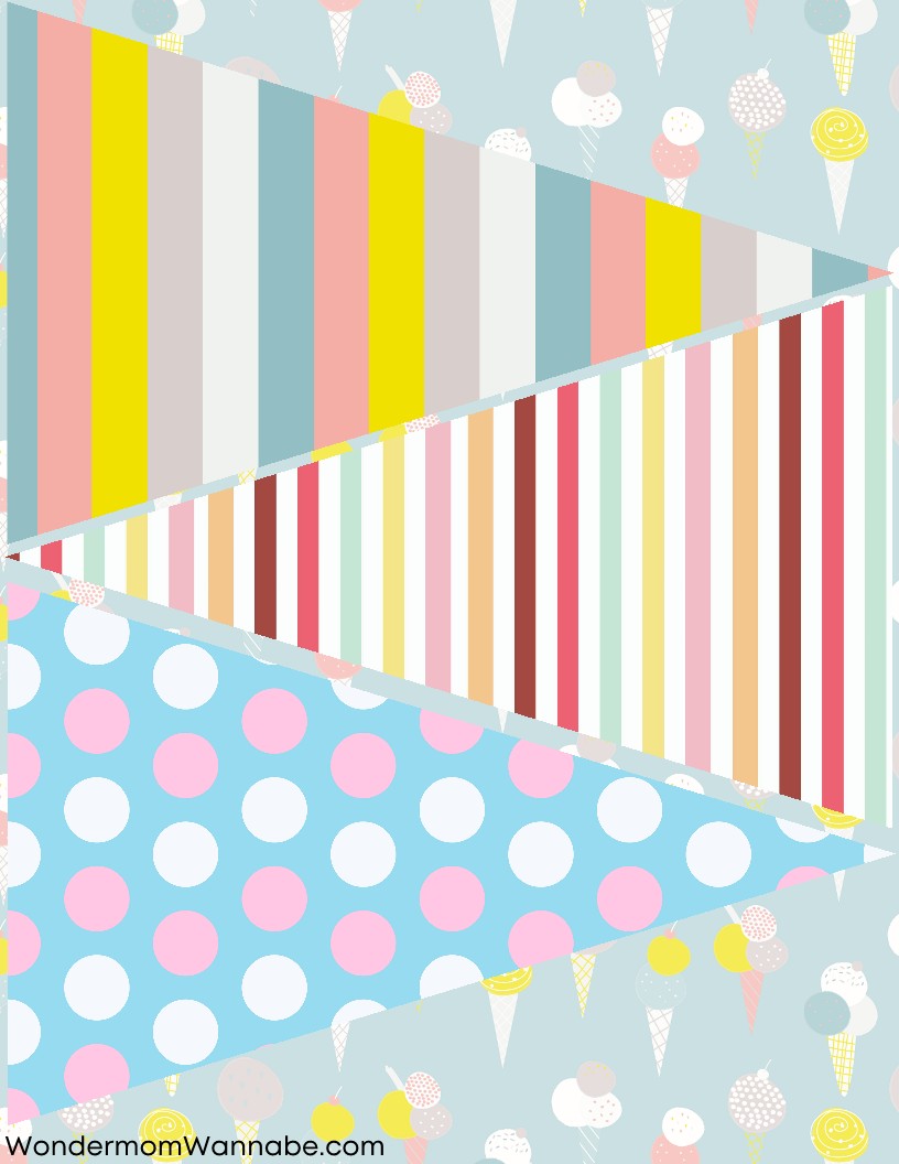 The Ice Cream Social Party Kit by Wondermom Shop showcases a vibrant geometric pattern with strips, triangles, and whimsical ice cream cone motifs set against a light blue background. Ideal for your next ice cream social gathering! The bottom left corner is marked with "Wondermomwannabe.com.