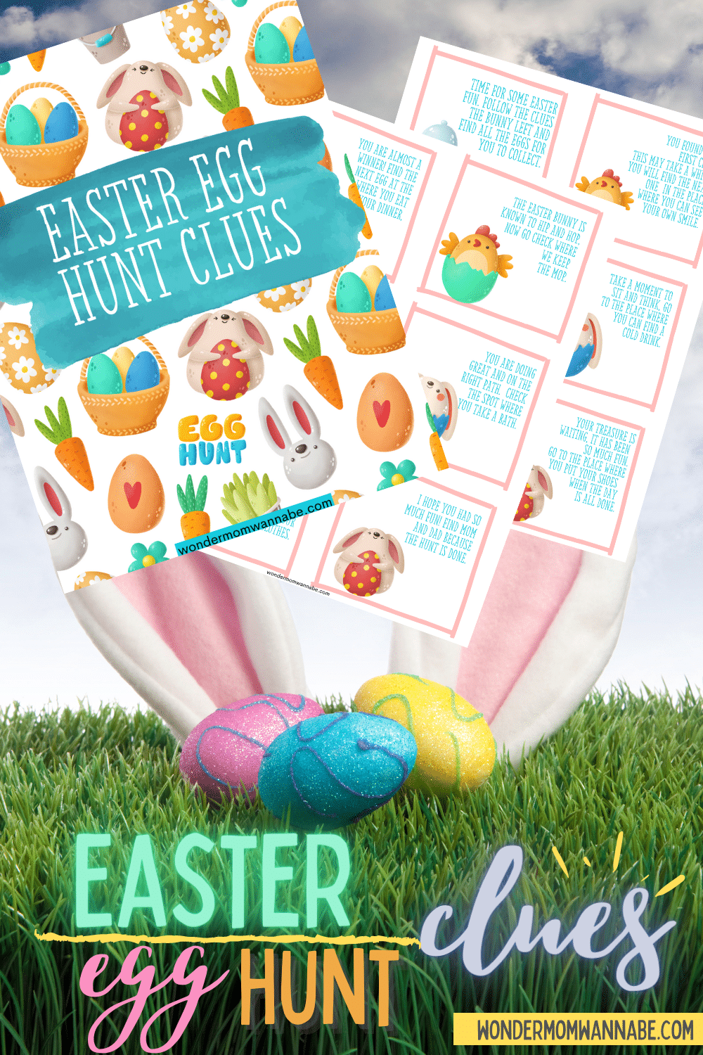 Promotional graphic for VIP Vault Indoor Easter Egg Hunt clues with colorful easter eggs on grass and a sky background, featuring free printable clue cards titled "Easter Egg Clues.
