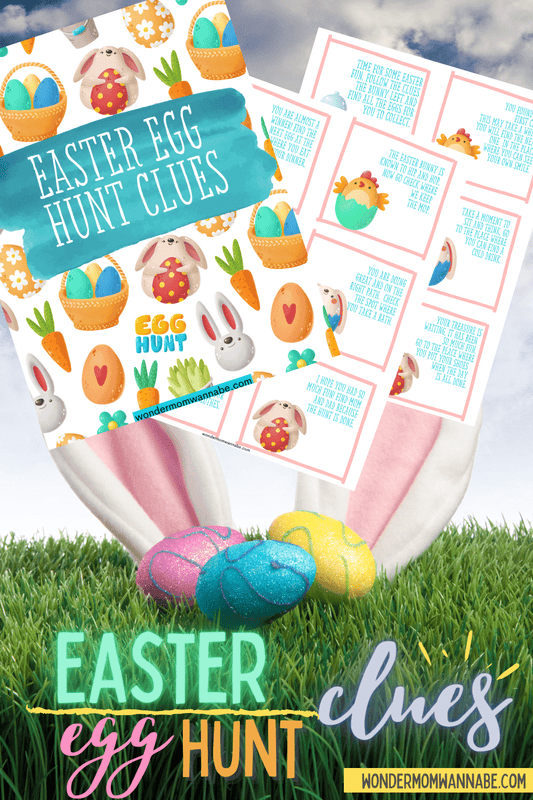 Promotional graphic for VIP Vault Indoor Easter Egg Hunt clues with colorful easter eggs on grass and a sky background, featuring free printable clue cards titled "Easter Egg Clues.
