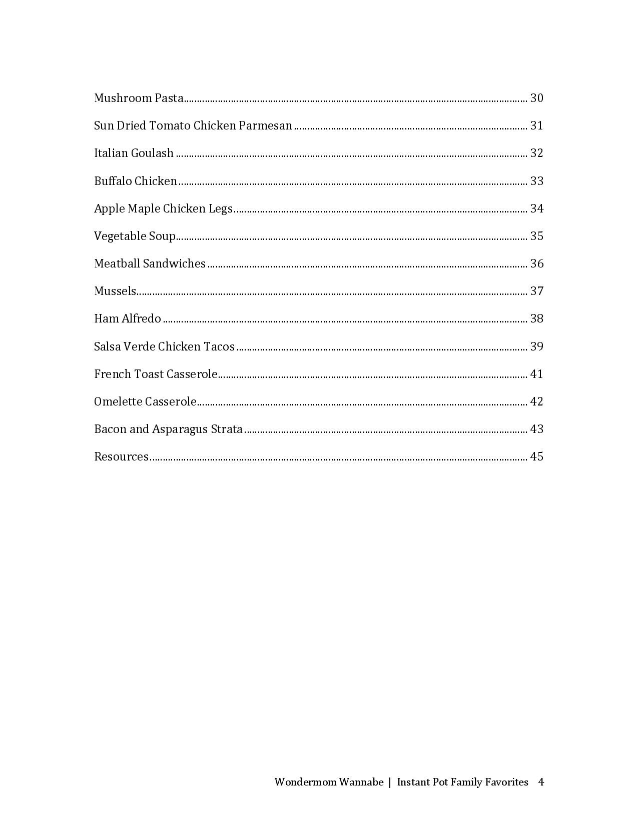 A list of Wondermom Wannabe's Instant Pot Family Favorites Digital Cookbook.