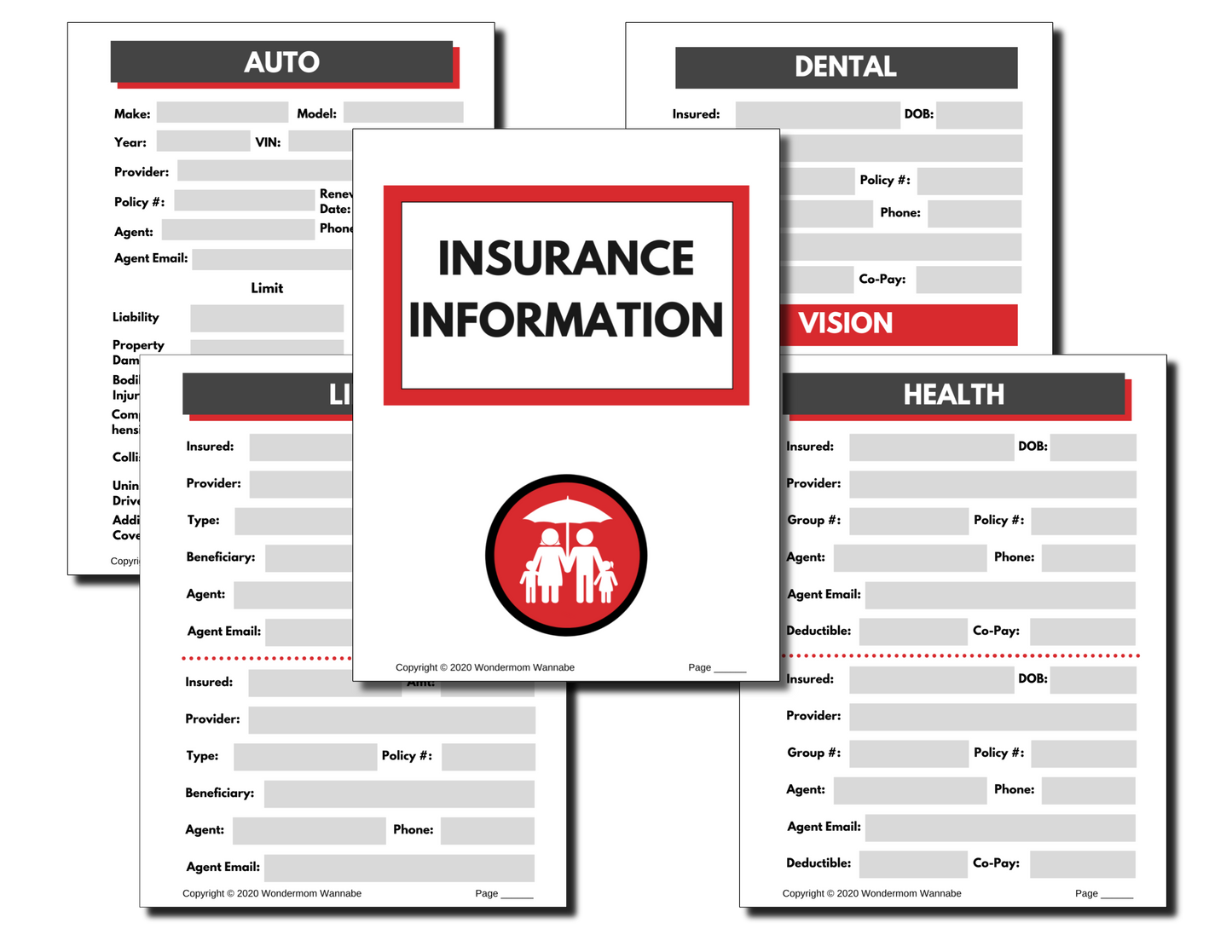 In the "In Case of Emergency Binder (Fillable PDF)" by Wondermom Shop, a central document titled "Insurance Information" is surrounded by four forms dedicated to Auto, Dental, Vision, and Health insurance. Each form includes fields for personal and policy details, making this setup an essential component of your Emergency Binder.