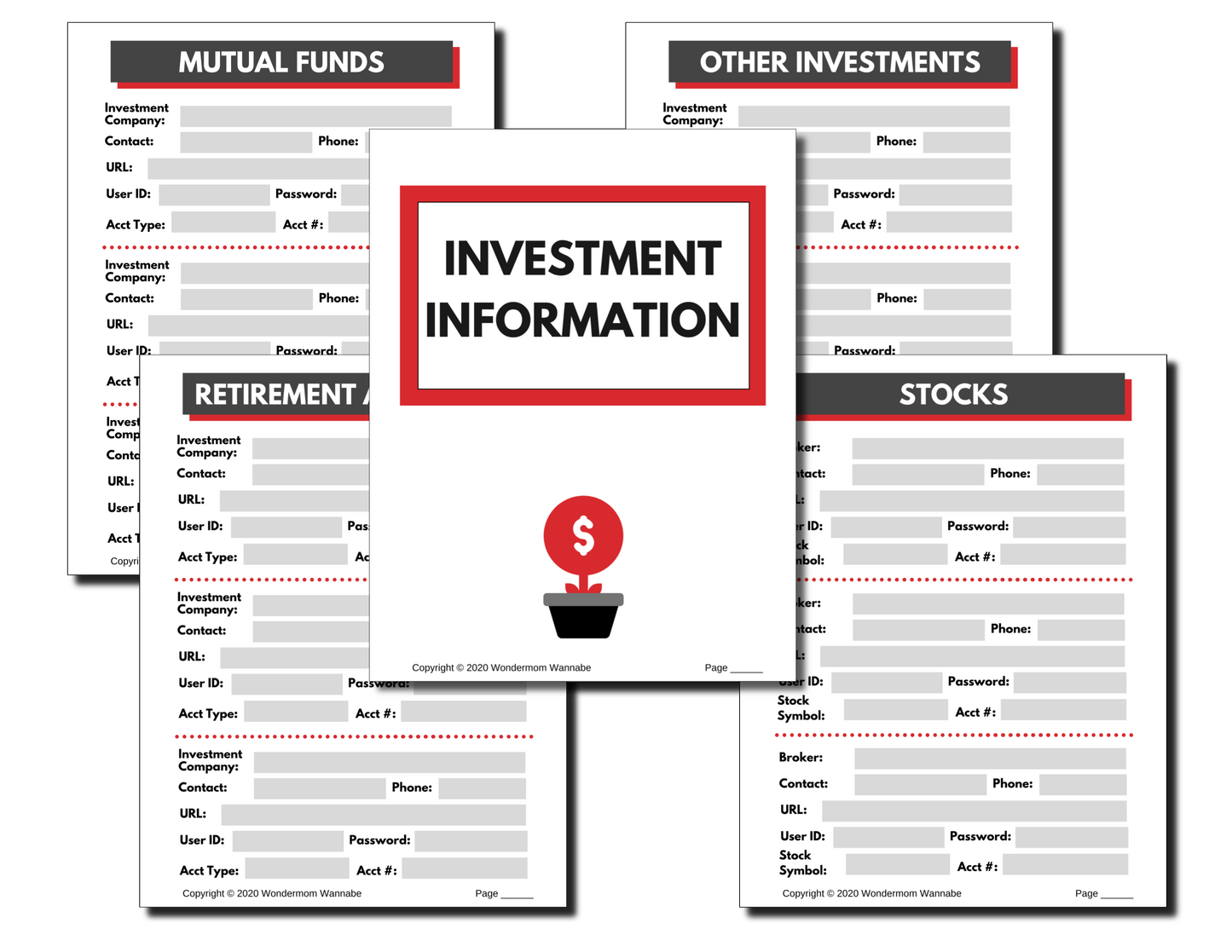 A set of five financial documents arranged on a surface, labeled "Investment Information," "Mutual Funds," "Other Investments," "Retirement," and "Stocks" with spaces to fill in details, neatly organized as if they were part of the *In Case of Emergency Binder (Fillable PDF)* by Wondermom Shop.