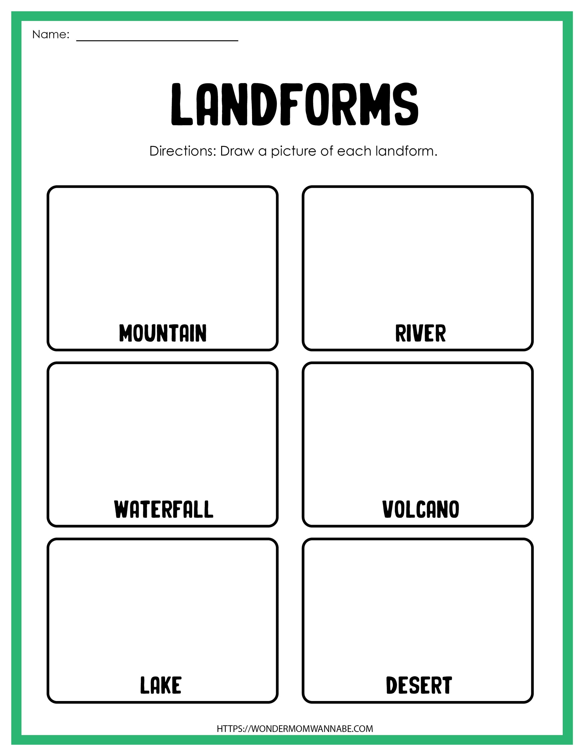 This educational activities worksheet focuses on landforms, providing an engaging and interactive digital product called the Landforms Activity Set from Wondermom Shop for learning.