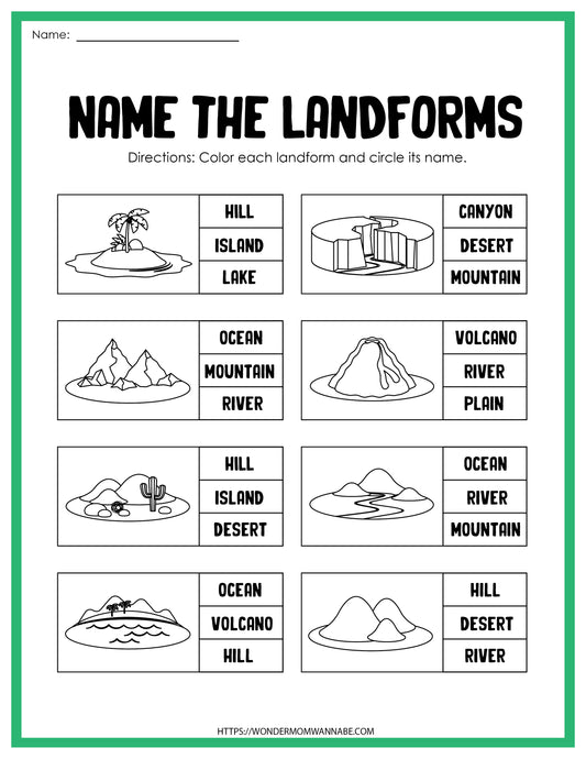 This educational worksheet, named "Landforms Activity Set", is a digital product designed to teach students about various landforms from the brand Wondermom Shop.