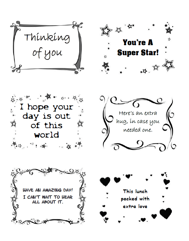 A set of black and white Lunch Notes For Kids with the words thinking you're a super star by VIP Vault.