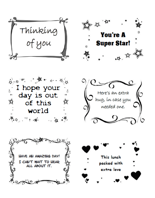 A set of black and white Lunch Notes For Kids with the words thinking you're a super star by VIP Vault.