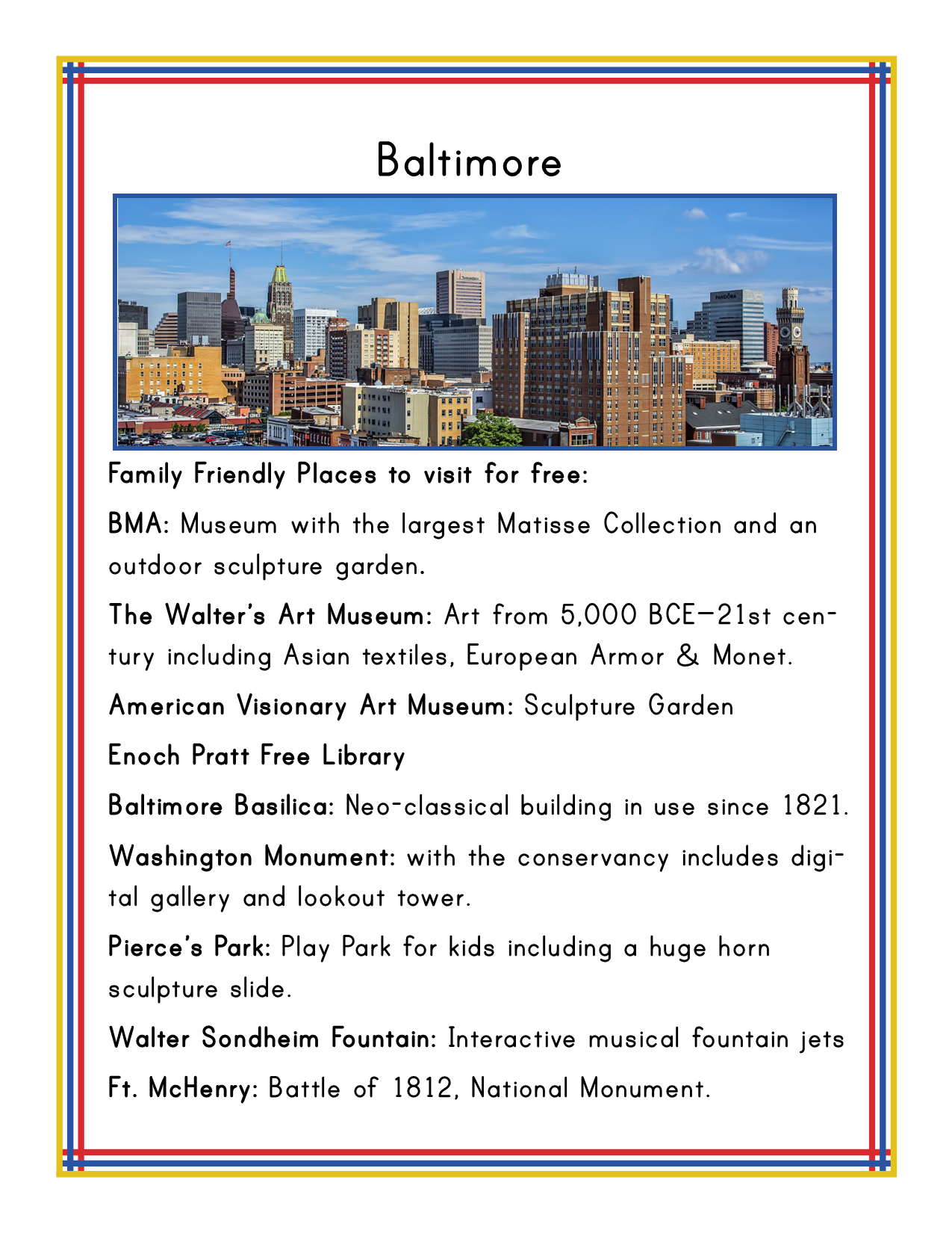 Discover Baltimore's family-friendly attractions with the Maryland Travel Guide and Activity Kit for Kids by Wondermom Shop. This colorful flyer showcases free places to visit, including art museums, historic sites, parks, and interactive fountain jets. The printable activity kit includes detailed information about the state of Maryland. An included image features a cityscape of Baltimore.